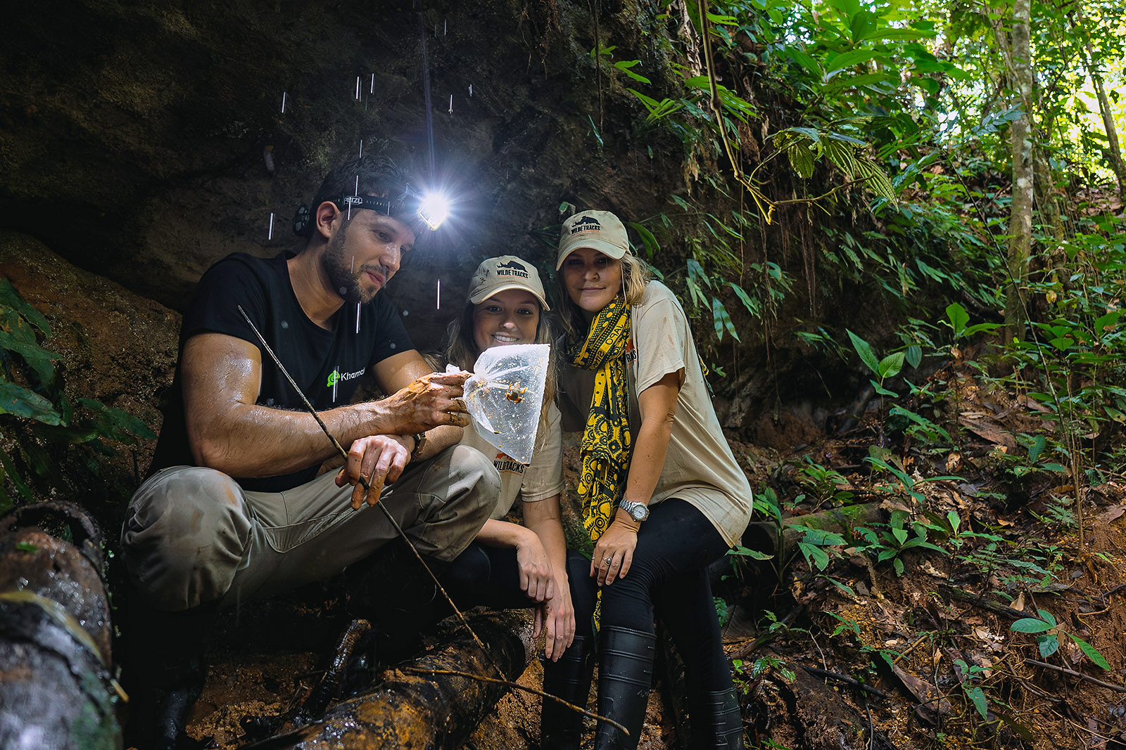 Image showing biologist Alejandro Arteaga holding an individual of the Spotted Rocket Frog alongside Chloe Evans and Jessica Mousley