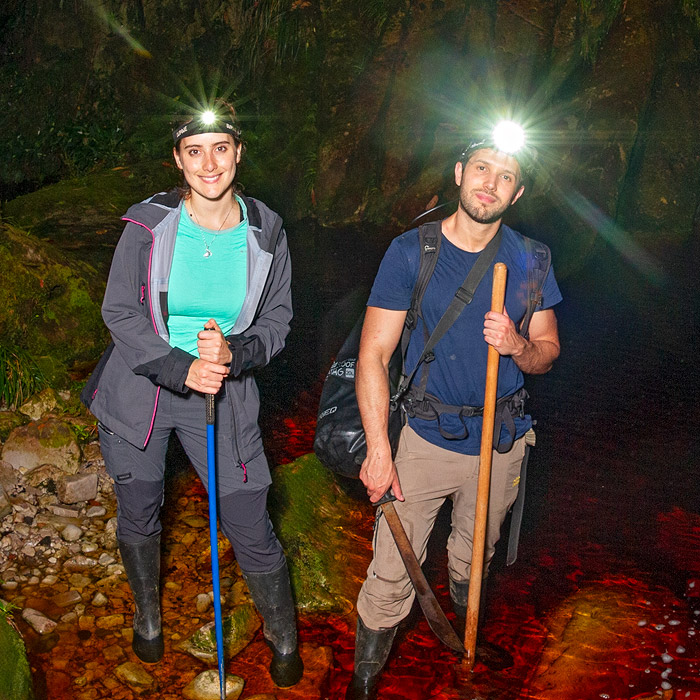 Alejandro Arteaga and Valeria Sorgato during an expedition to the unexplored Nangaritza river, Ecuador
